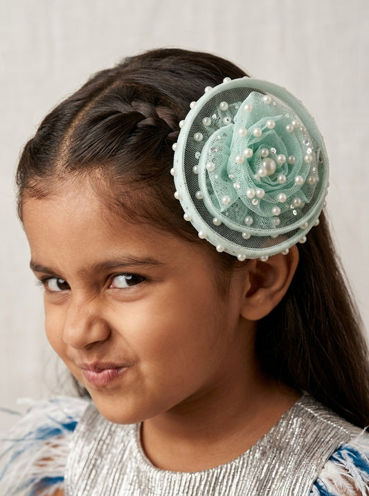 Choko Blue Pearl Embellished Mesh Rose Fascinator Hair Clip for Birthday & Festive Parties for Girls