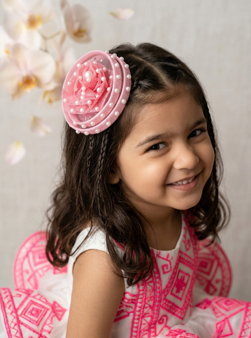 Choko Pink Pearl Studded Glitter Mesh Rose Fascinator Hair Clip for Birthday & Festive Events for Girls