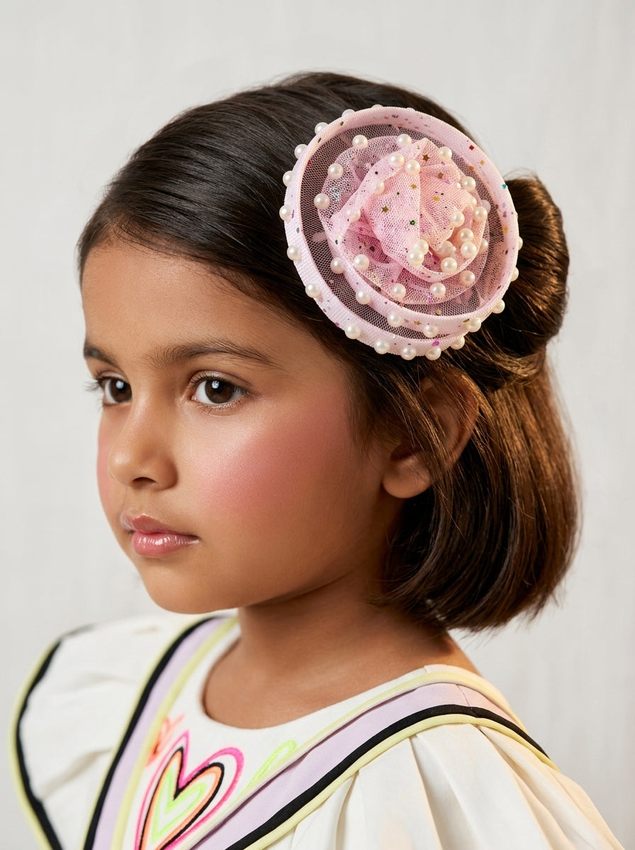 Choko Pink Pearl Mesh Fascinator Alligator Hair Clip for Birthday & Festive Looks for Girls