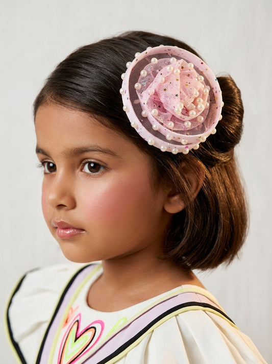 Choko Pink Pearl Mesh Fascinator Alligator Hair Clip for Birthday & Festive Looks for Girls