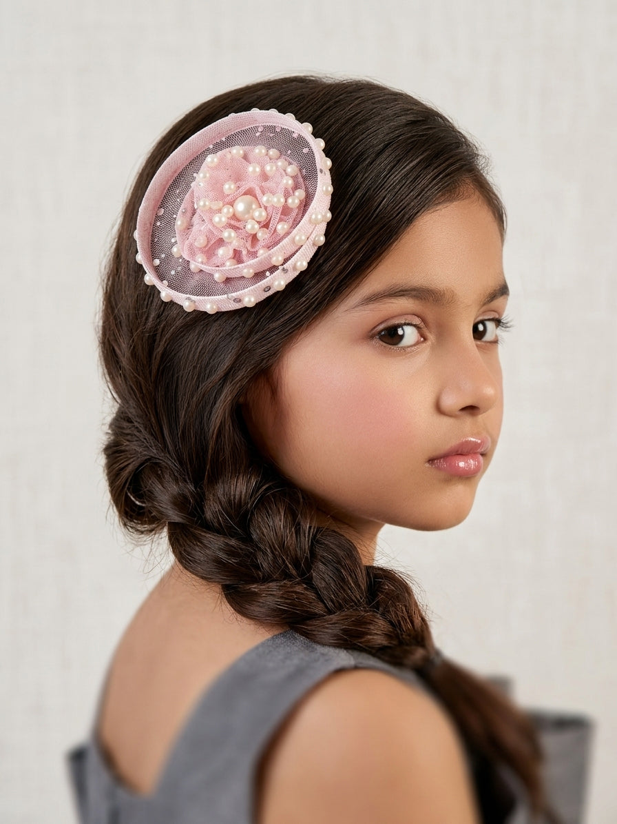Choko Pink Pearl Embellished Mesh Fascinator Alligator Hair Clip for Birthdays & Celebrations for Girls