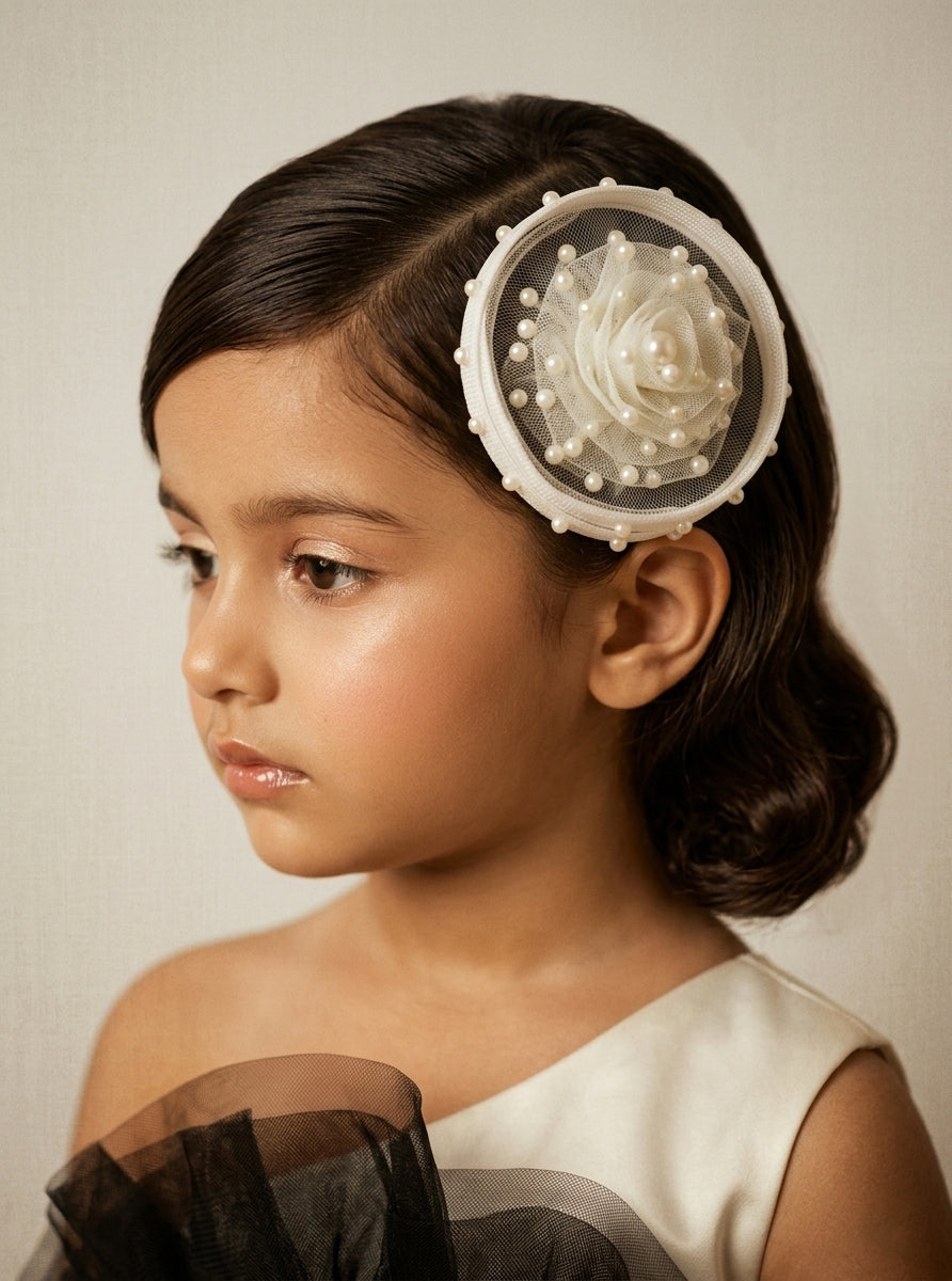 Choko White Pearl Mesh Floral Fascinator Alligator Hair Clip for Birthday & Wedding Wear for Girls
