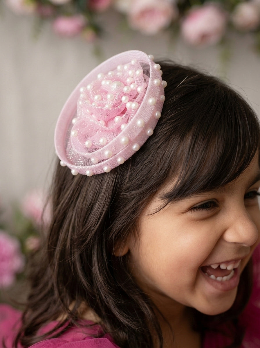 Choko Pink Pearl Mesh Floral Fascinator Alligator Hair Clip for Girls Birthday Celebration