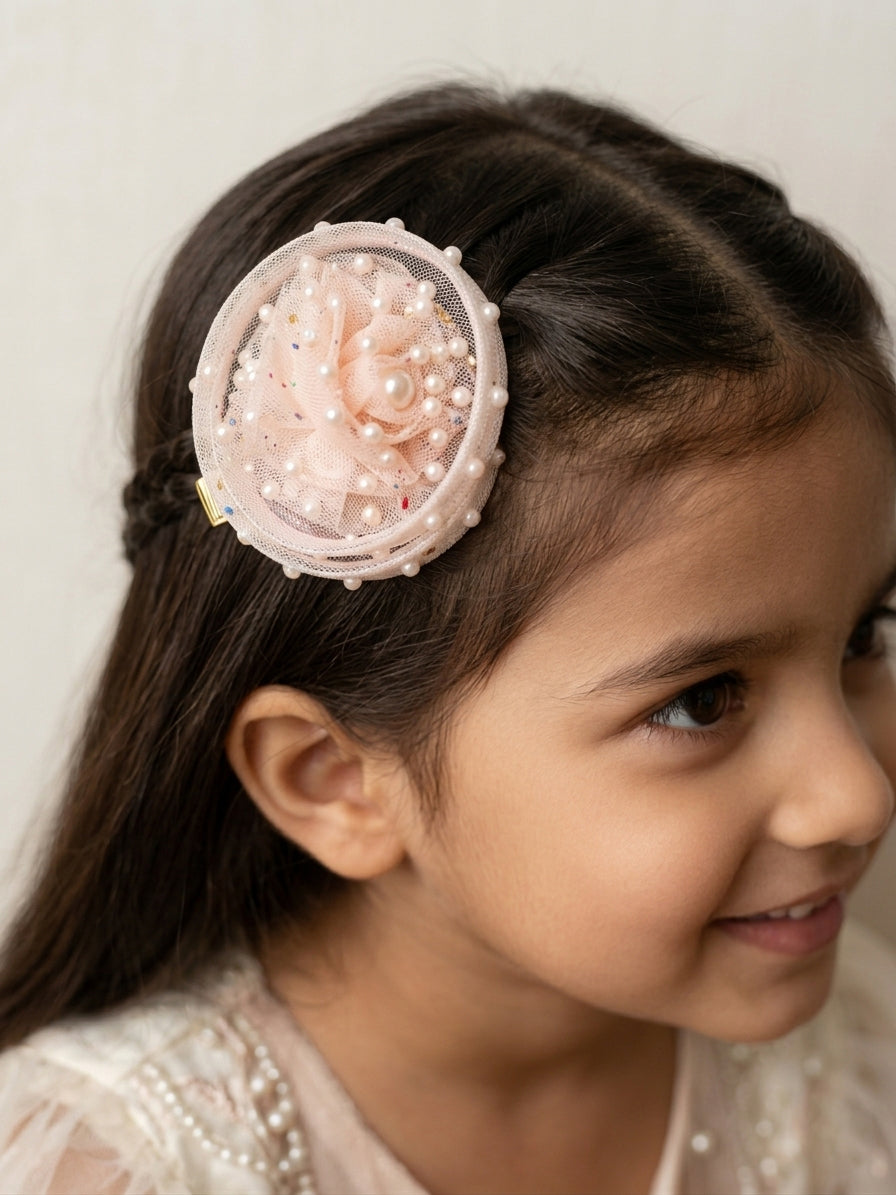 Choko Blush Pink Pearl Confetti Tulle Fascinator Alligator Hair Clip for Girls Festive Fun