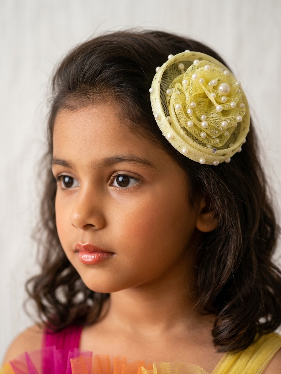 Choko Yellow Pearl Sequin Tulle Fascinator Alligator Hair Clip for Girls Birthday Party