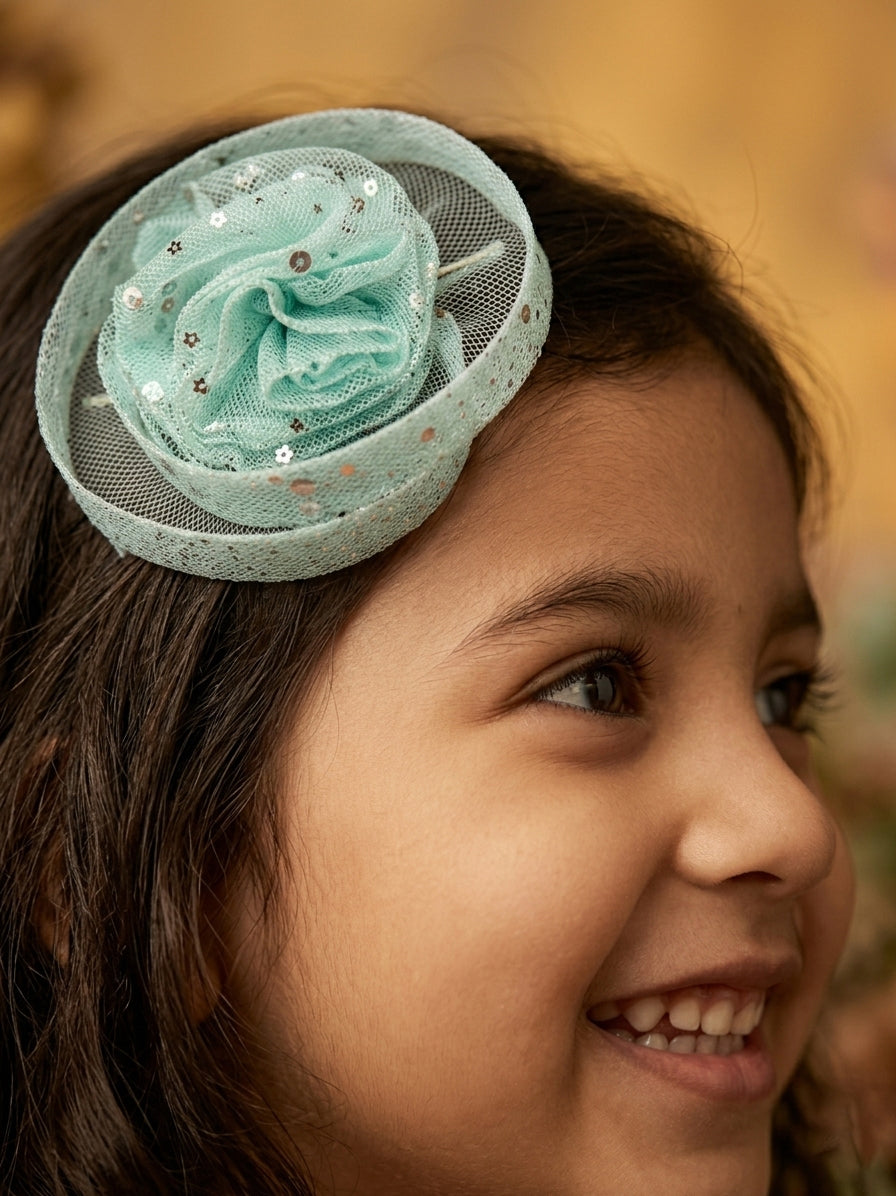 Choko Aqua Blue Sequin Tulle Fascinator Alligator Hair Clip for Girls Birthday Party