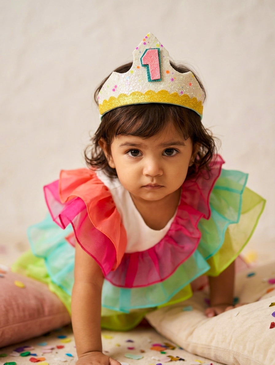 Choko White Glitter 1st Birthday Crown Hair Band with Gold Trim for Baby Girls Birthday Party Celebration