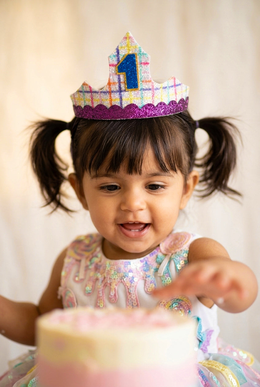 Choko White Glitter 1st Birthday Crown Hair Band for Baby Girls with Purple Trim Celebration