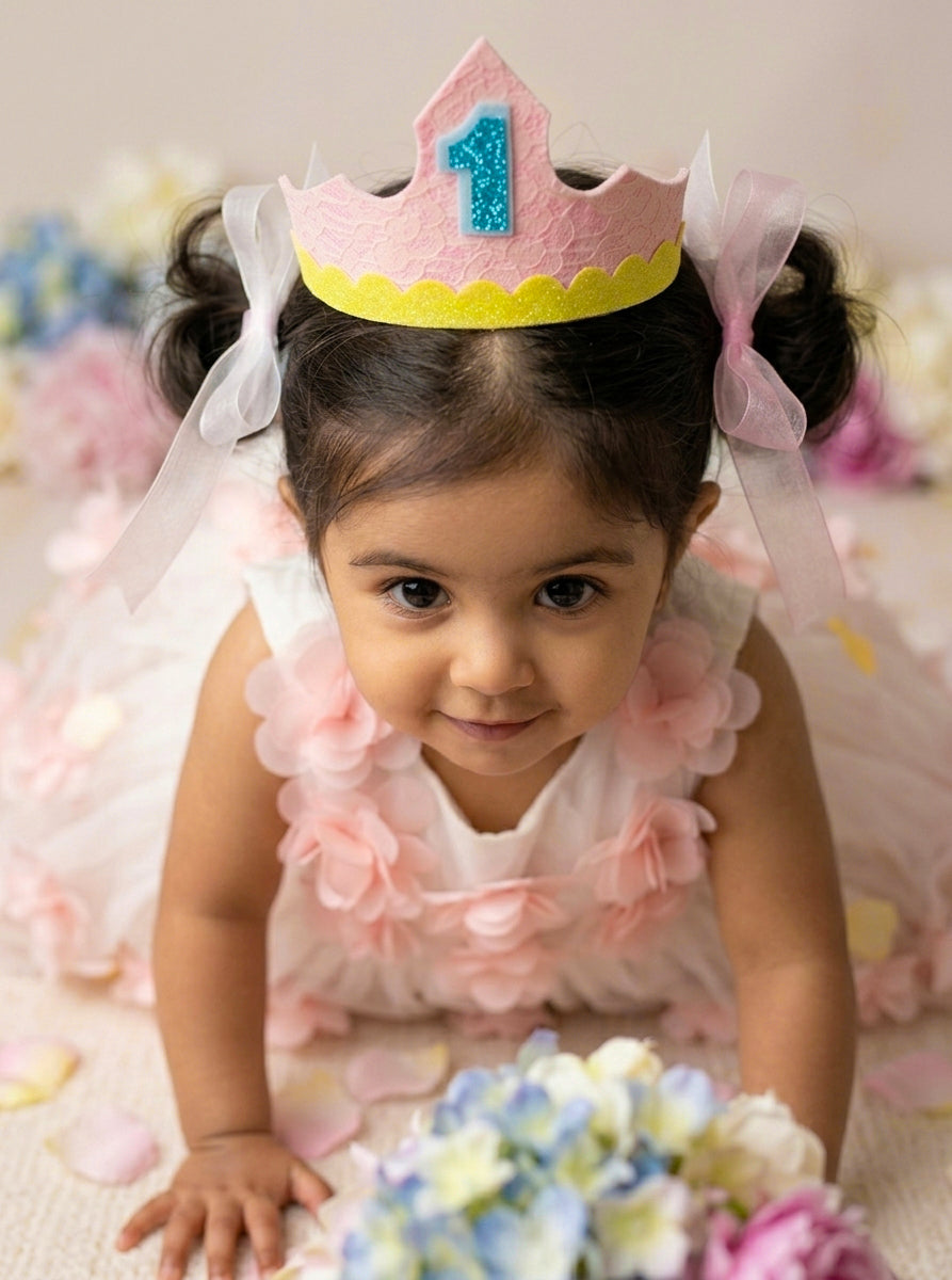 Choko Pink Glitter 1st Birthday Crown Hair Band for Baby Girls with Gold Trim Birthday Celebration Headwear
