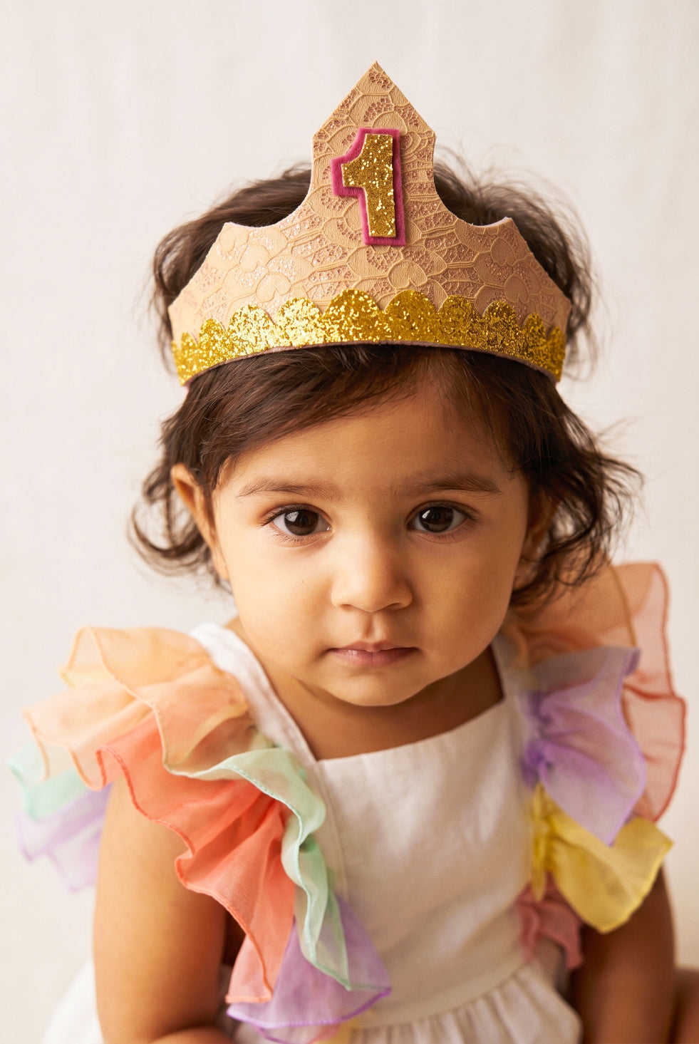Choko Peach Glitter 1st Birthday Crown Hair Band with Gold Trim for Baby Girls Celebration