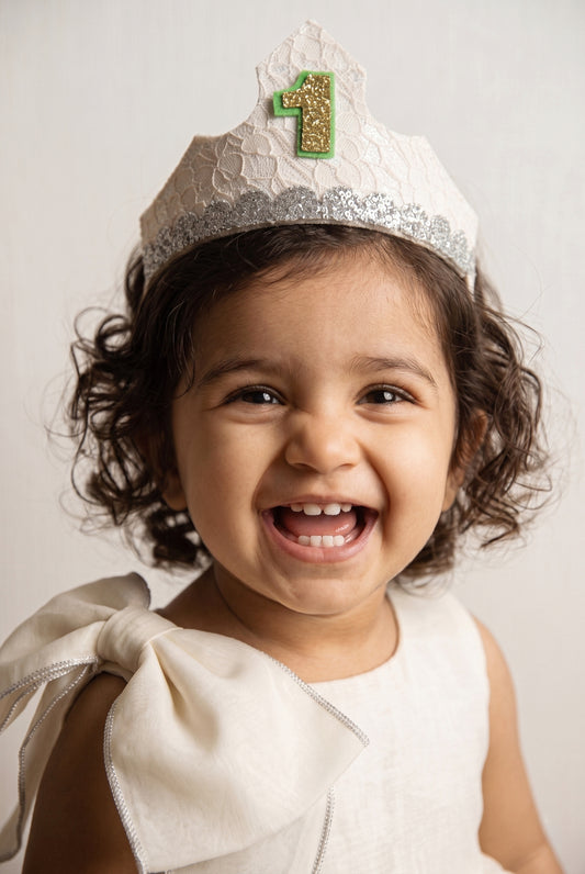 Choko White Glitter 1st Birthday Crown Hair Band with Silver Trim for Baby Girls Birthday Celebration