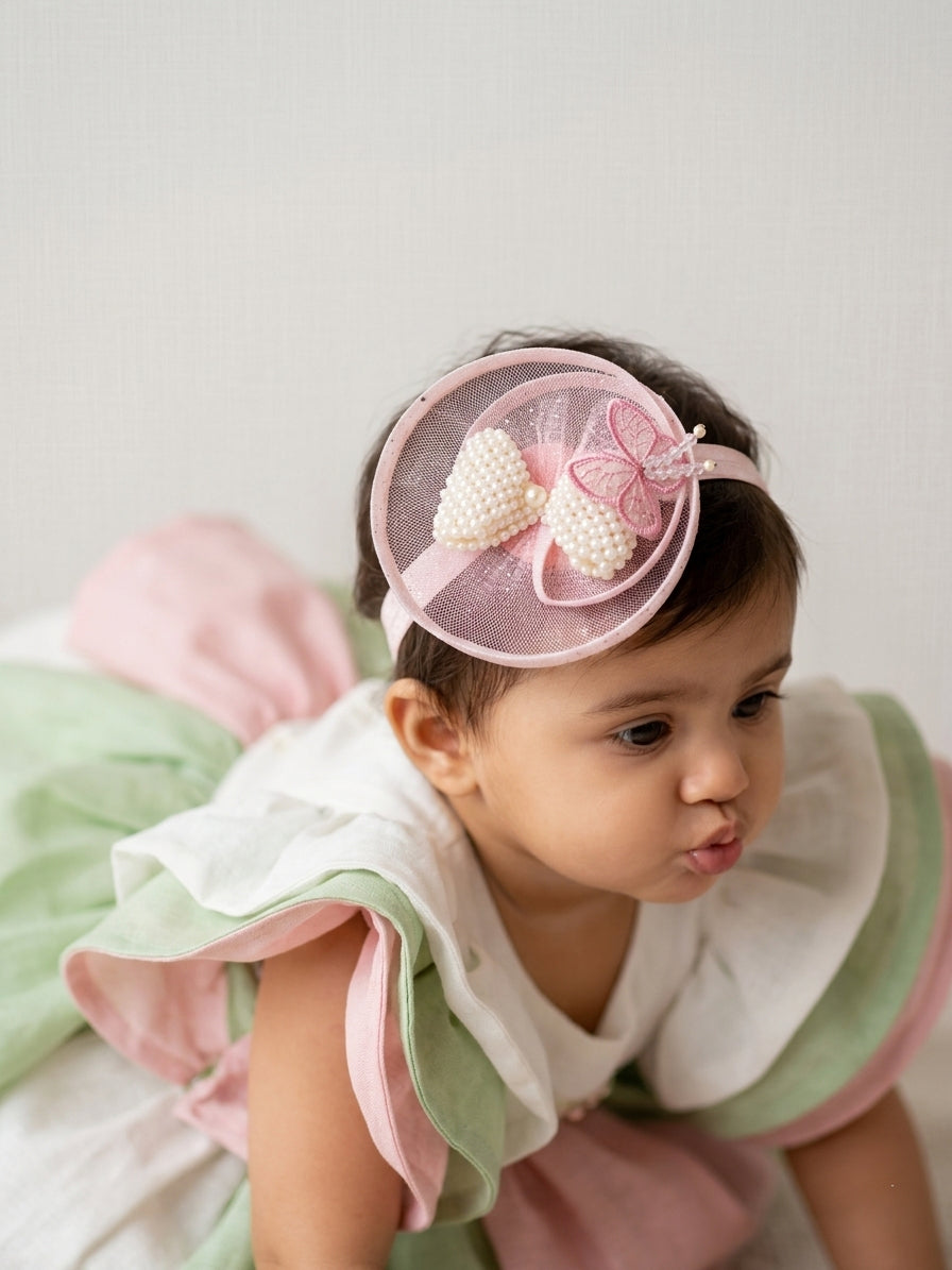 Choko Girls Pink Pearl Studded Butterfly Motif Tulle Headband For Birthday Wear