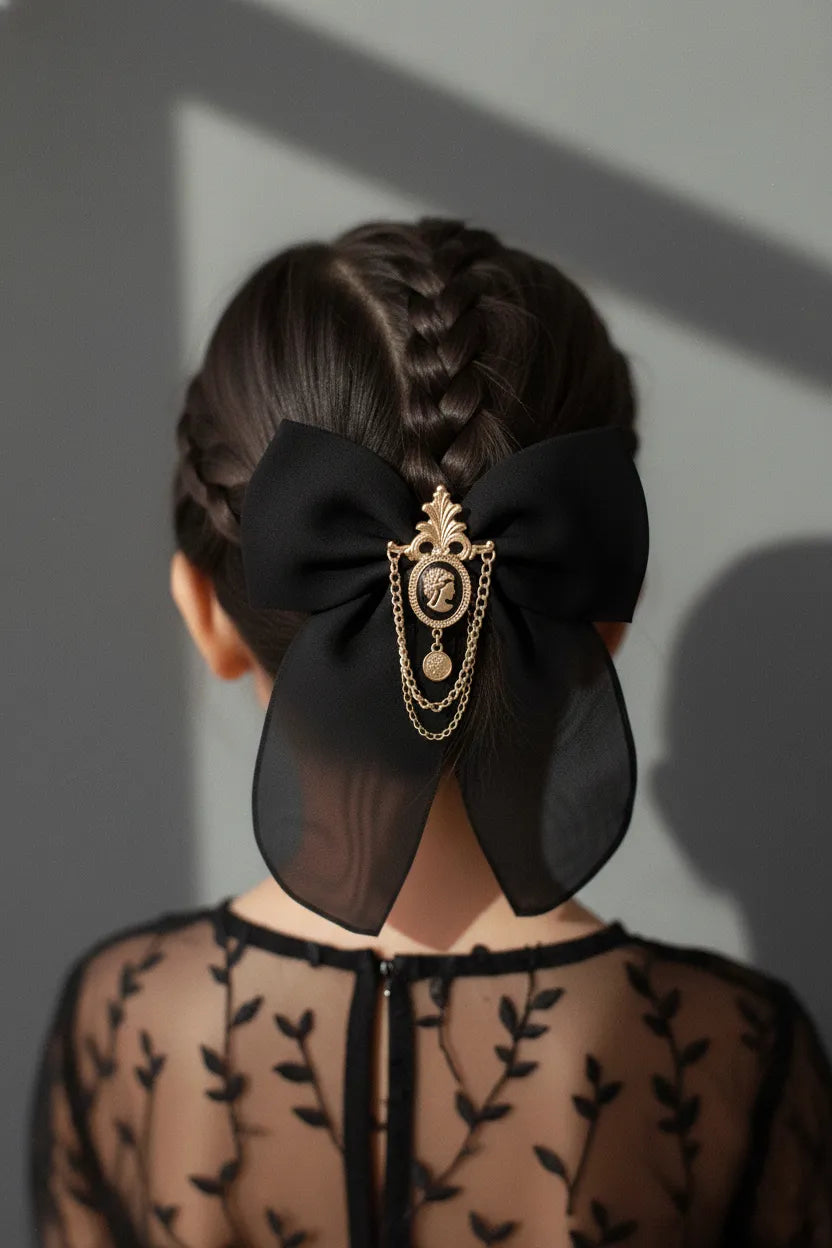 Choko Royal Emblem Bow Hair Clip for Girls - Black, Gold - Choko