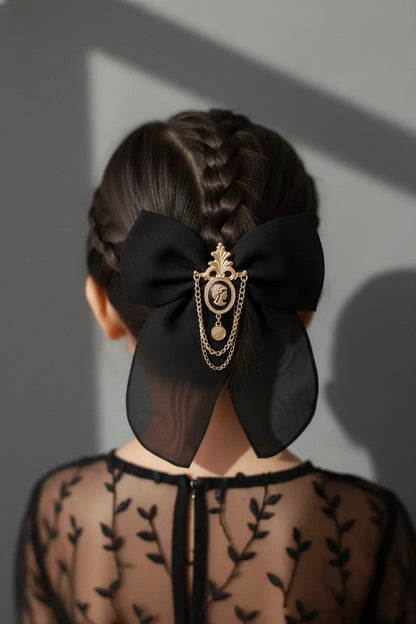 Choko Royal Emblem Bow Hair Clip for Girls - Black, Gold - Choko