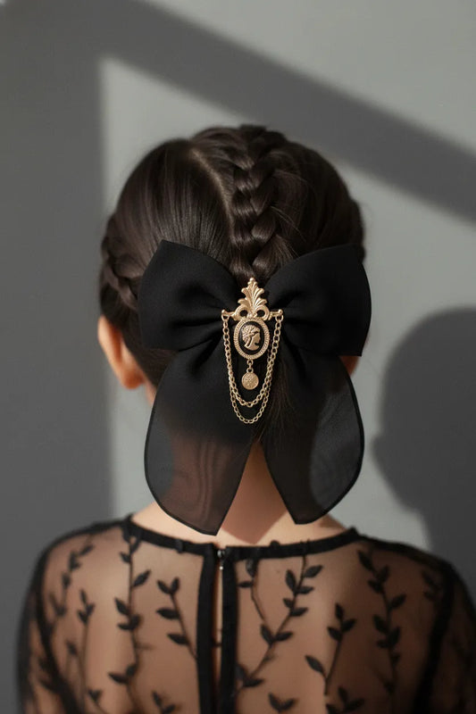 Choko Royal Emblem Bow Hair Clip for Girls - Black, Gold - Choko