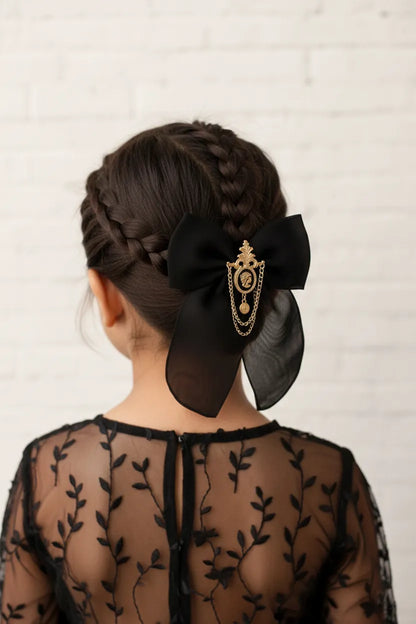 Choko Royal Emblem Bow Hair Clip for Girls - Black, Gold - Choko