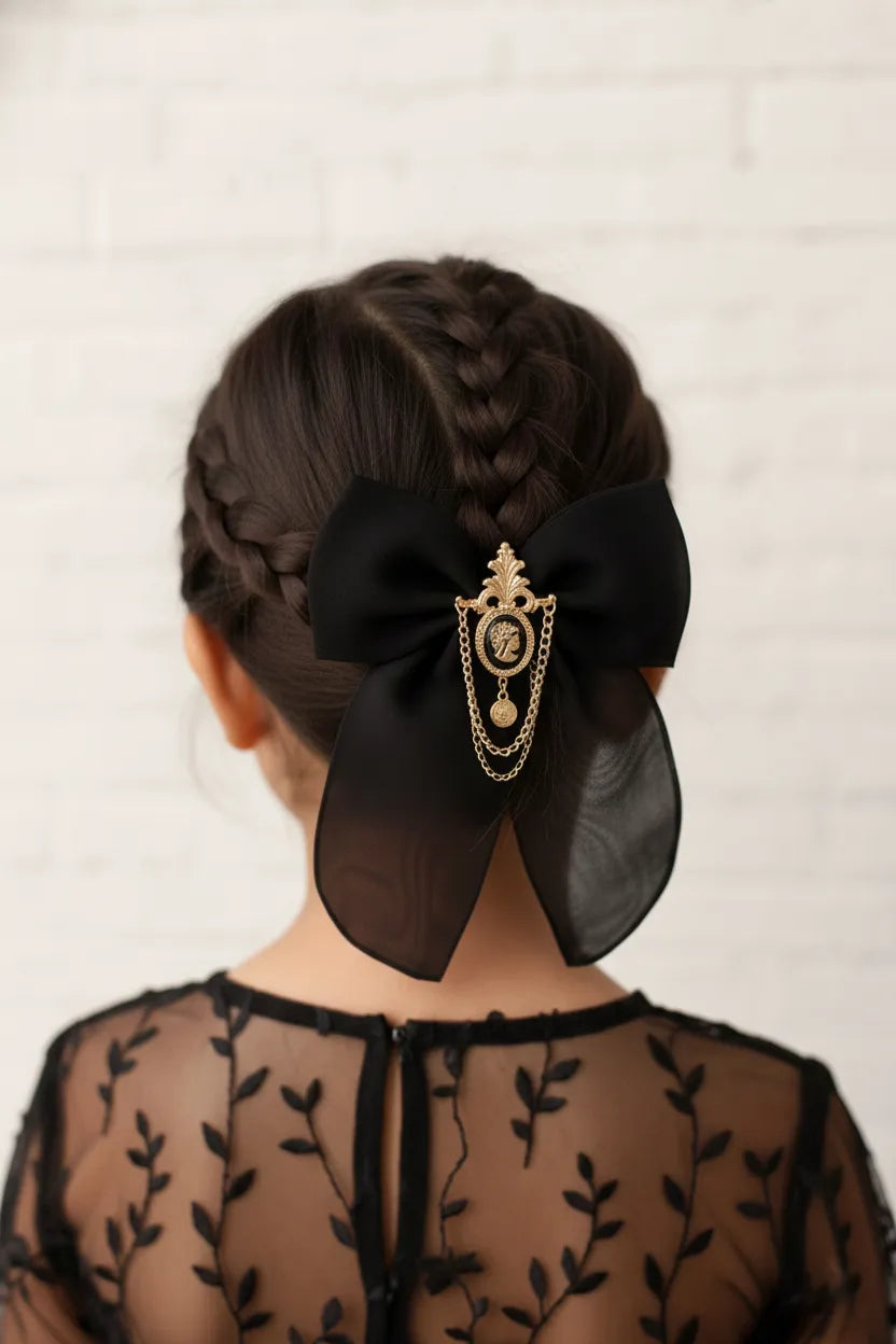 Choko Royal Emblem Bow Hair Clip for Girls - Black, Gold - Choko
