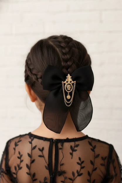 Choko Royal Emblem Bow Hair Clip for Girls - Black, Gold - Choko