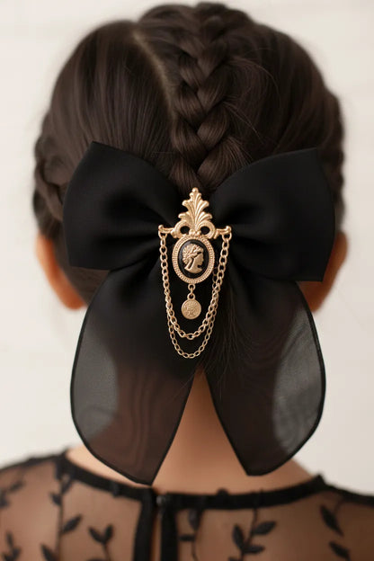 Choko Royal Emblem Bow Hair Clip for Girls - Black, Gold - Choko