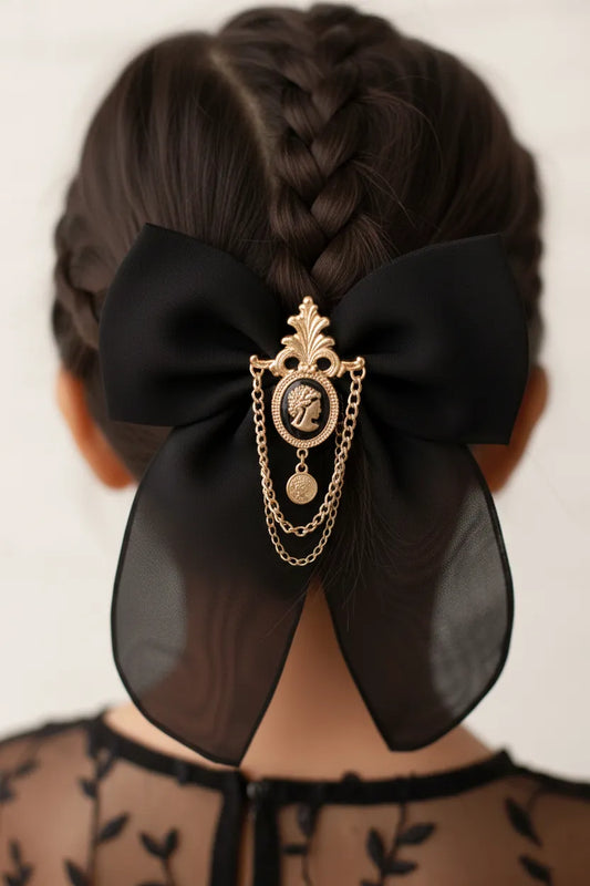 Choko Royal Emblem Bow Hair Clip for Girls - Black, Gold - Choko