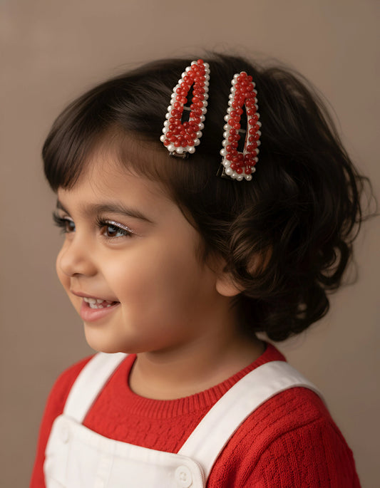 Choko Beaded Hair Clip Set for Girls - Red - Choko