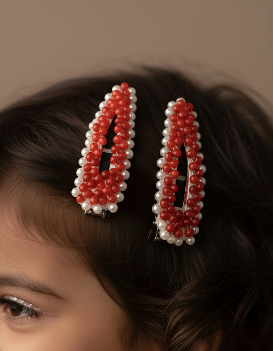 Choko Beaded Hair Clip Set for Girls - Red - Choko