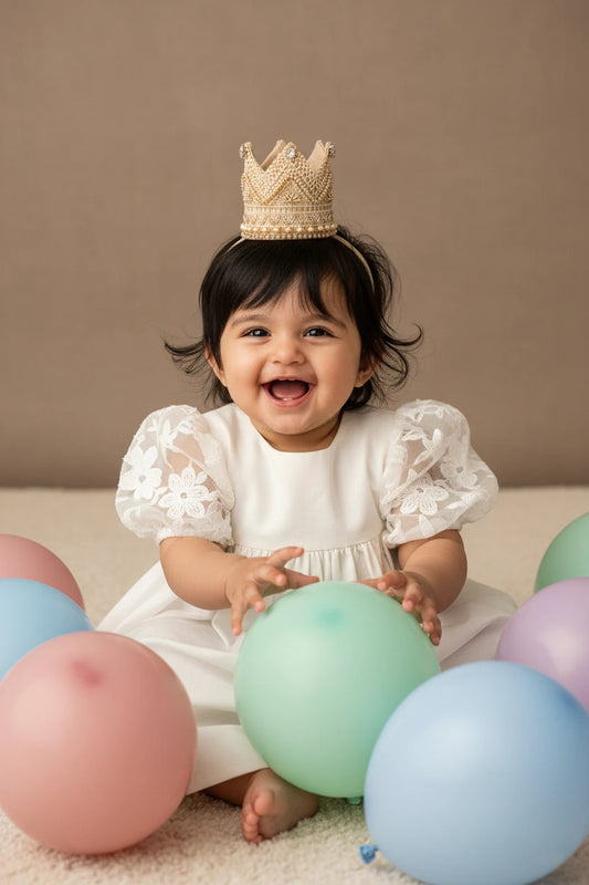 Choko Majestic Pearl Beaded Birthday Crown Headband - Beige, for Baby Girls and Boys