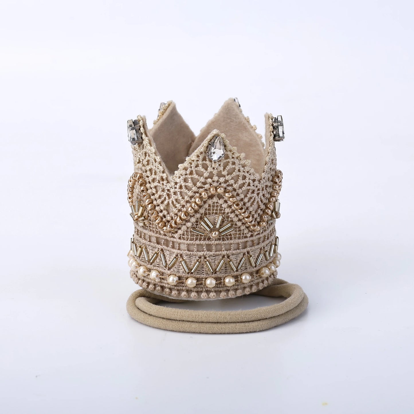 Choko Majestic Pearl Beaded Birthday Crown Headband - Beige, for Baby Girls and Boys