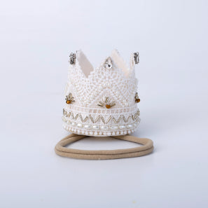 Choko Regal Lace and Pearl Birthday Crown Headband with Gold Embellishments for Babies - White