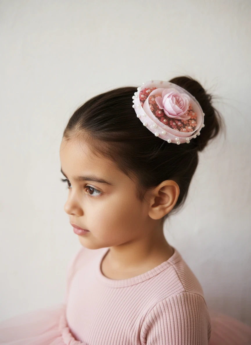 Choko Floral Embroidered Pearl Hairclip for Girls - Pink - Choko