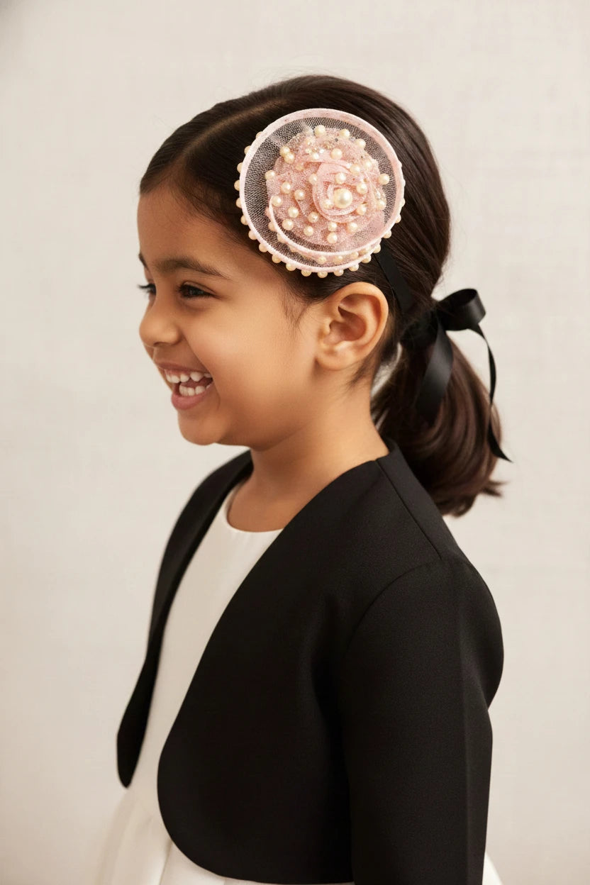 Choko Glittered Pearl Mesh Fascinator Hairclip for Girls — Peach - Choko