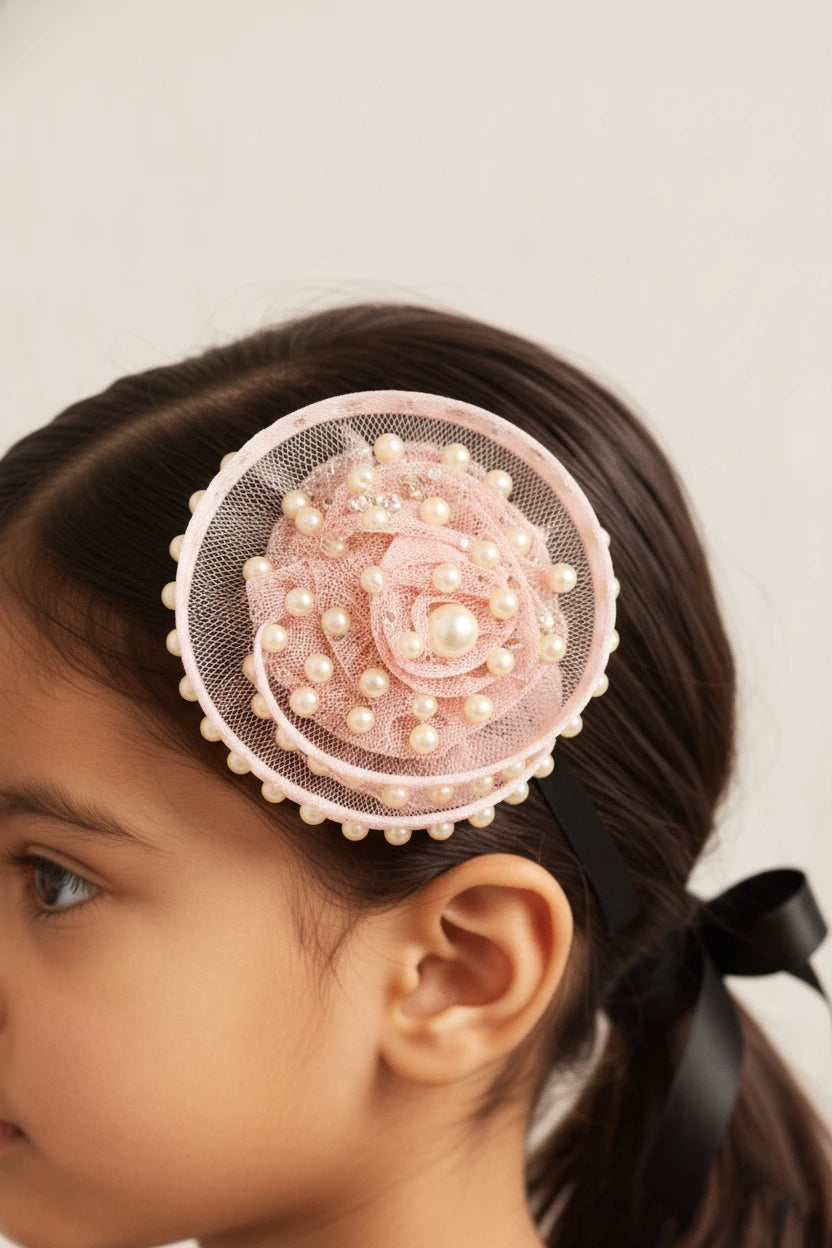 Choko Glittered Pearl Mesh Fascinator Hairclip for Girls — Peach - Choko