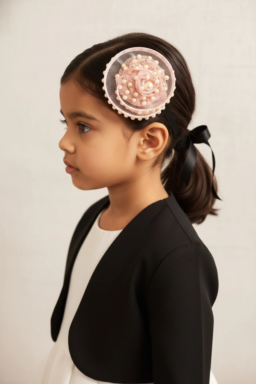Choko Glittered Pearl Mesh Fascinator Hairclip for Girls — Peach - Choko