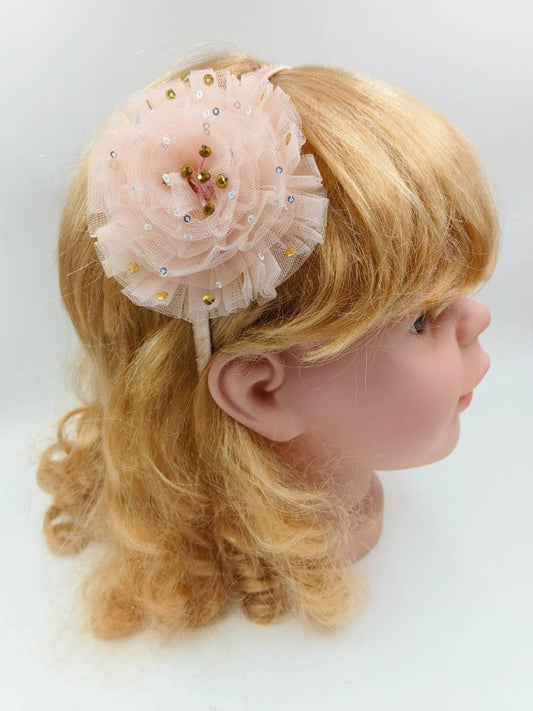 Tulle Sequin Big Flower Hair Band - Peach