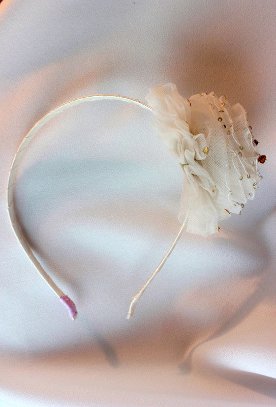 Choko Tulle Sequin Big Flower Hair Band for Girls - White