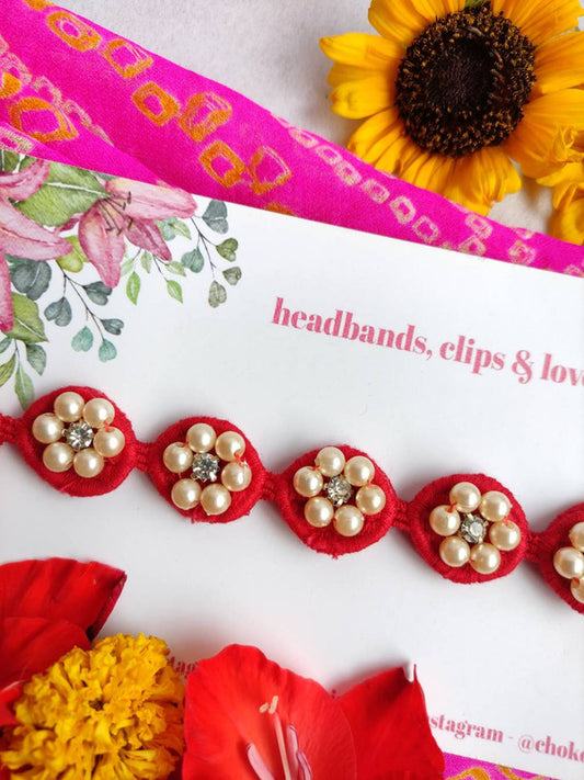 Pearl Flower Detailing Headband - Red