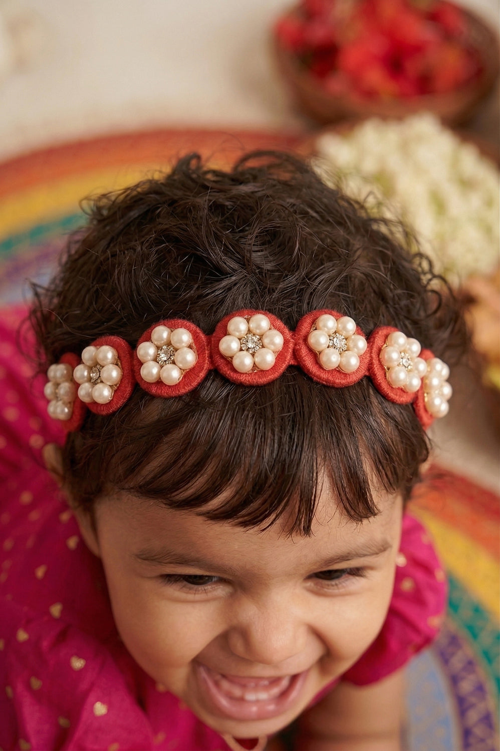 Choko Pearl Flower Detailing Headband for Baby Girls — Red - Choko