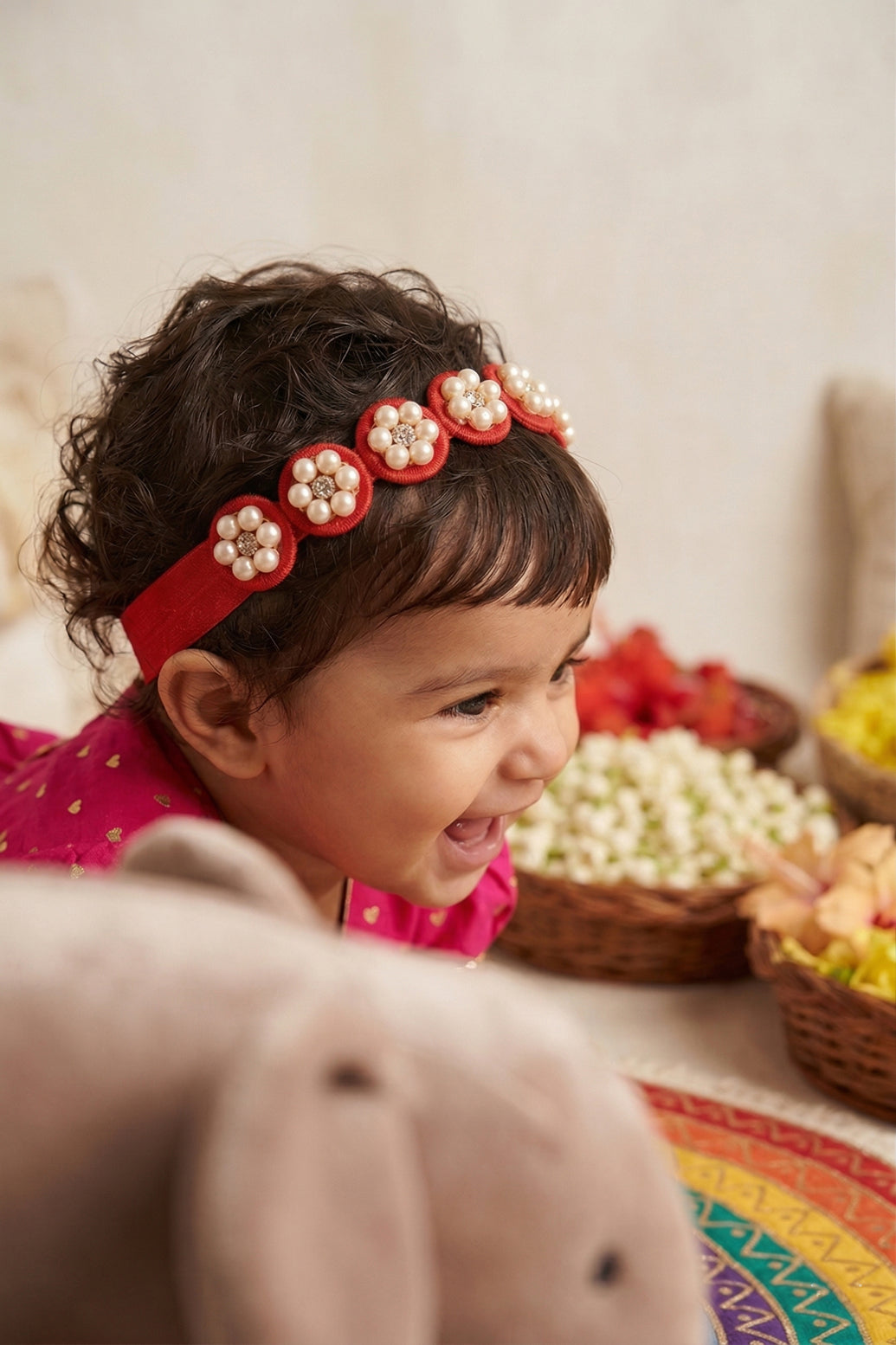 Choko Pearl Flower Detailing Headband for Baby Girls — Red - Choko