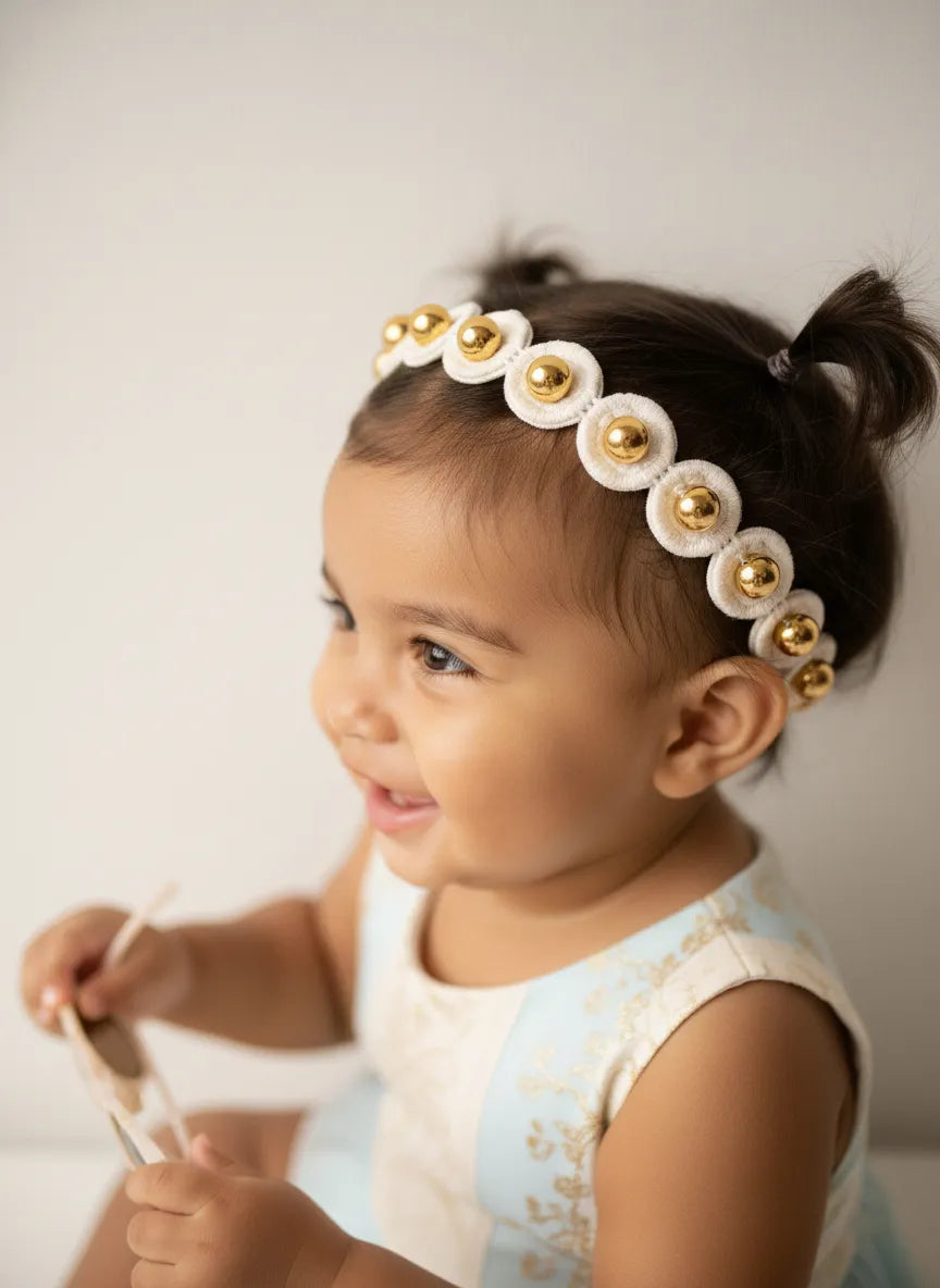 Choko Beads Detailing Headband White & Gold for Baby Girls - Choko