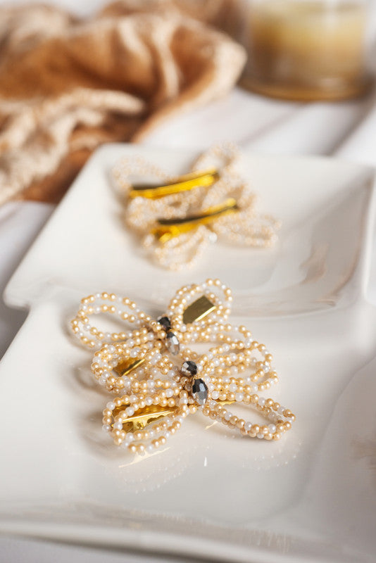 Choko Pair Of Beaded Butterfly Pearl Hair Clips for Girls - White & Beige