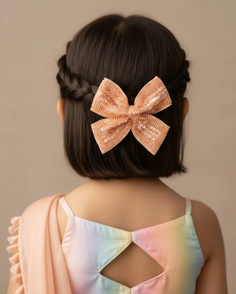 Choko Sequined Bow Hair Clip for Girls — Peach - Choko