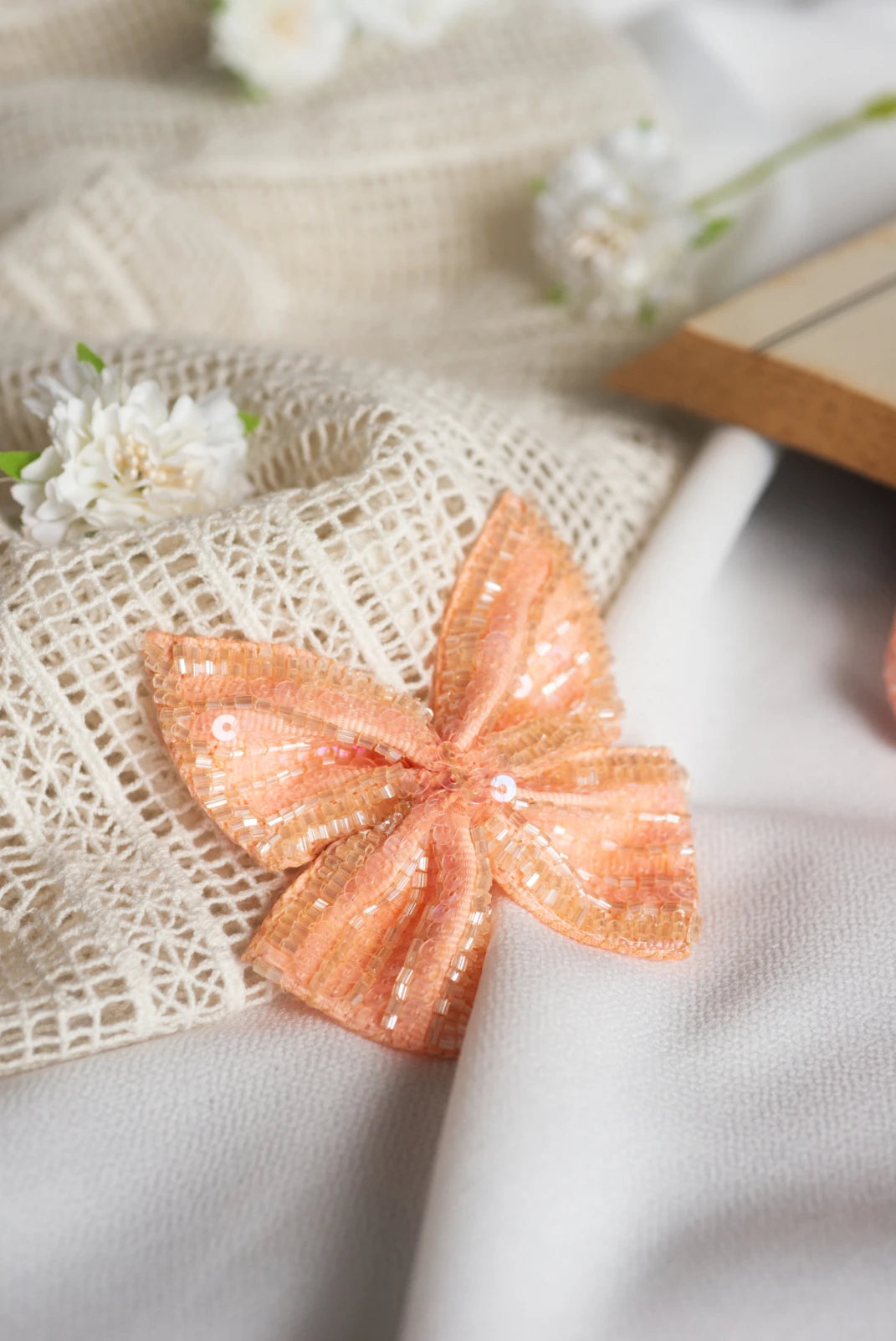 Choko Sequined Bow Hair Clip for Girls — Peach - Choko