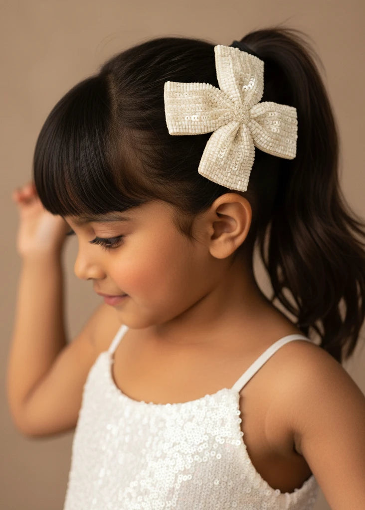 Choko Sequined Bow Hair Clip for Girls — Cream - Choko