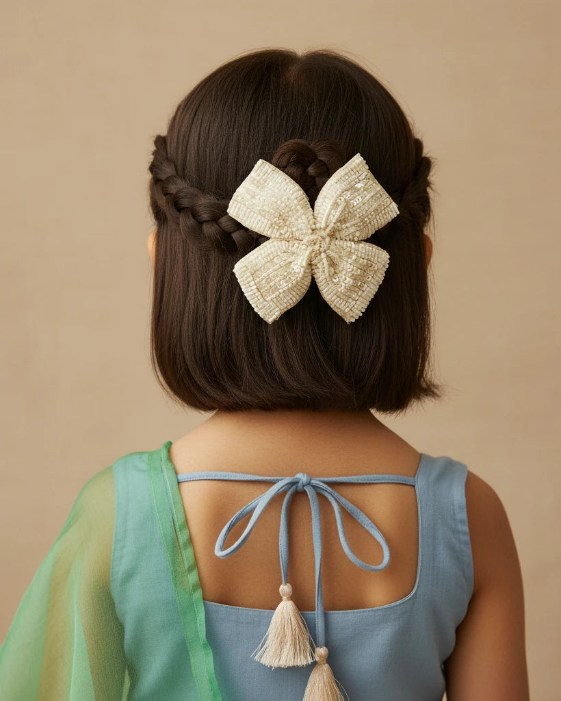 Choko Sequined Bow Hair Clip for Girls — Cream - Choko