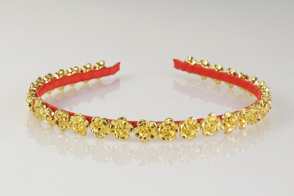 The Bronwen Designer Flower Hairband for Girls & Kids – Gold Roses on Red Choko