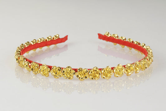 The Bronwen Designer Flower Hairband for Girls & Kids – Gold Roses on Red Choko