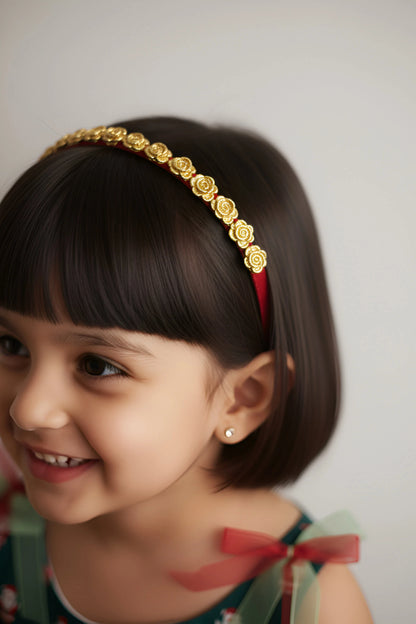 The Bronwen Designer Flower Hairband – Gold Roses on Red | Party Hairband for Girls - Choko