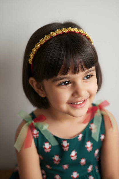 The Bronwen Designer Flower Hairband – Gold Roses on Red | Party Hairband for Girls - Choko