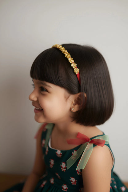 The Bronwen Designer Flower Hairband – Gold Roses on Red | Party Hairband for Girls - Choko