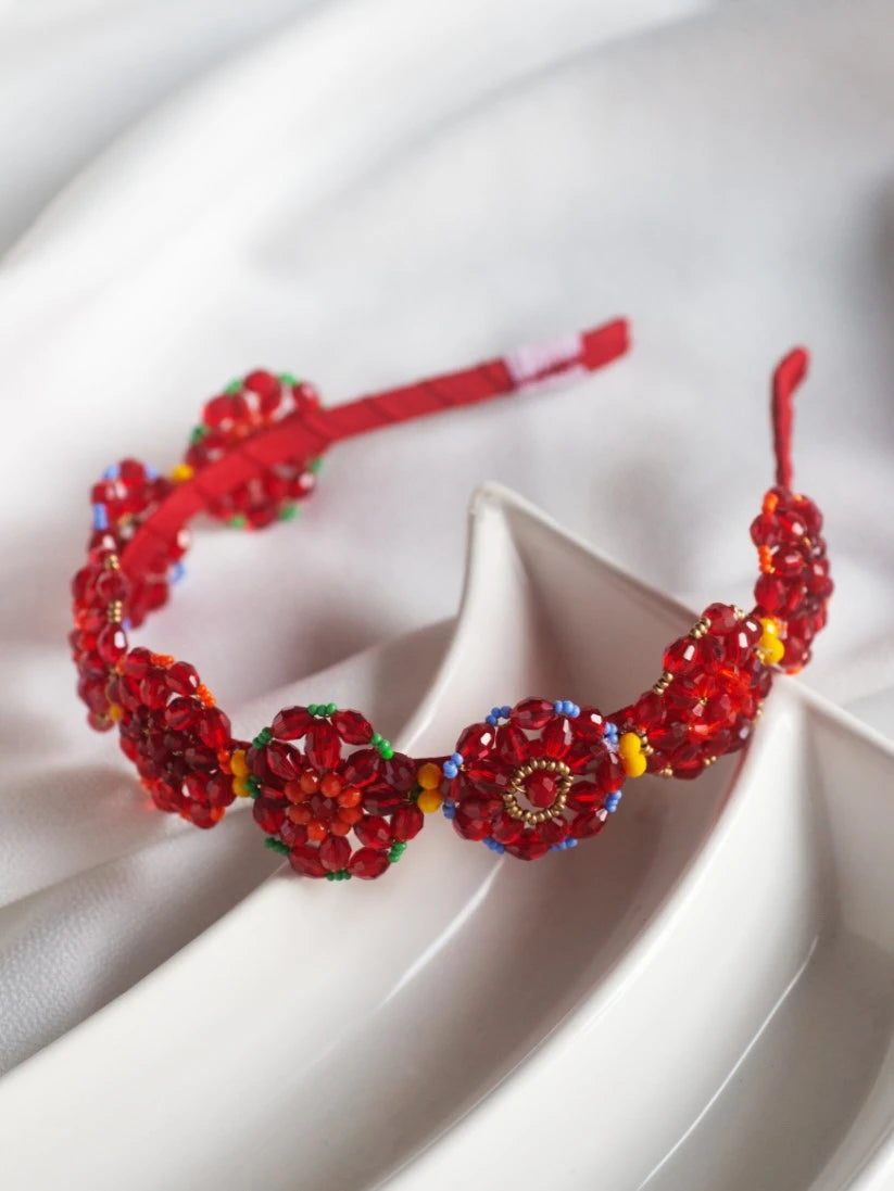 Red Bead & Pearl Hairband for Girls & Kids - Floral Accents by Choko - Choko